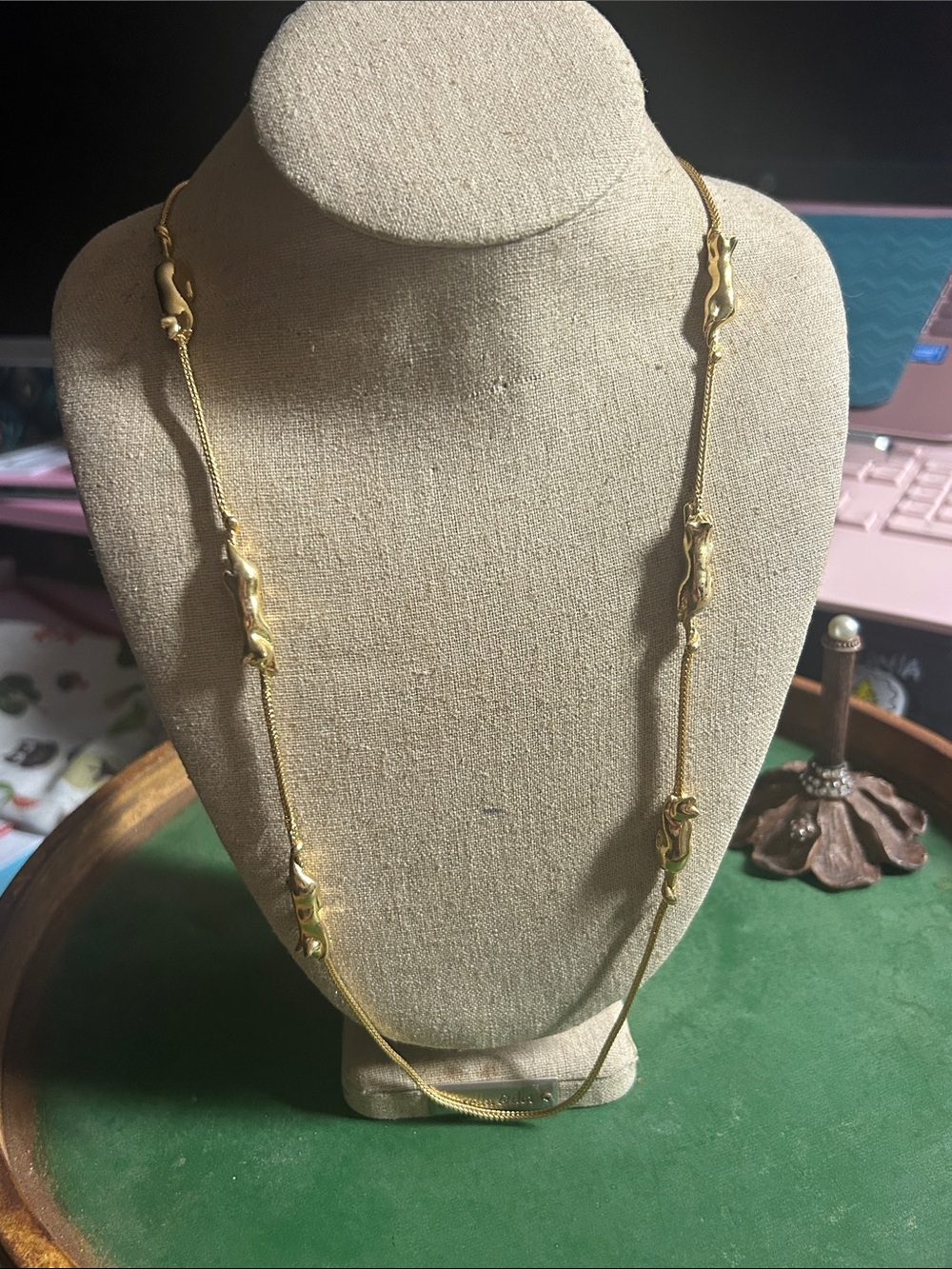 Gold Tone Long Women’s Necklace with Sculpted Cat Station Beads